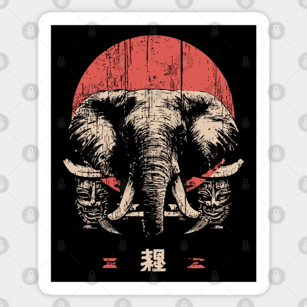 Stoic Elephant with Tribal Masks in Japanese Style Sticker by TuncGK